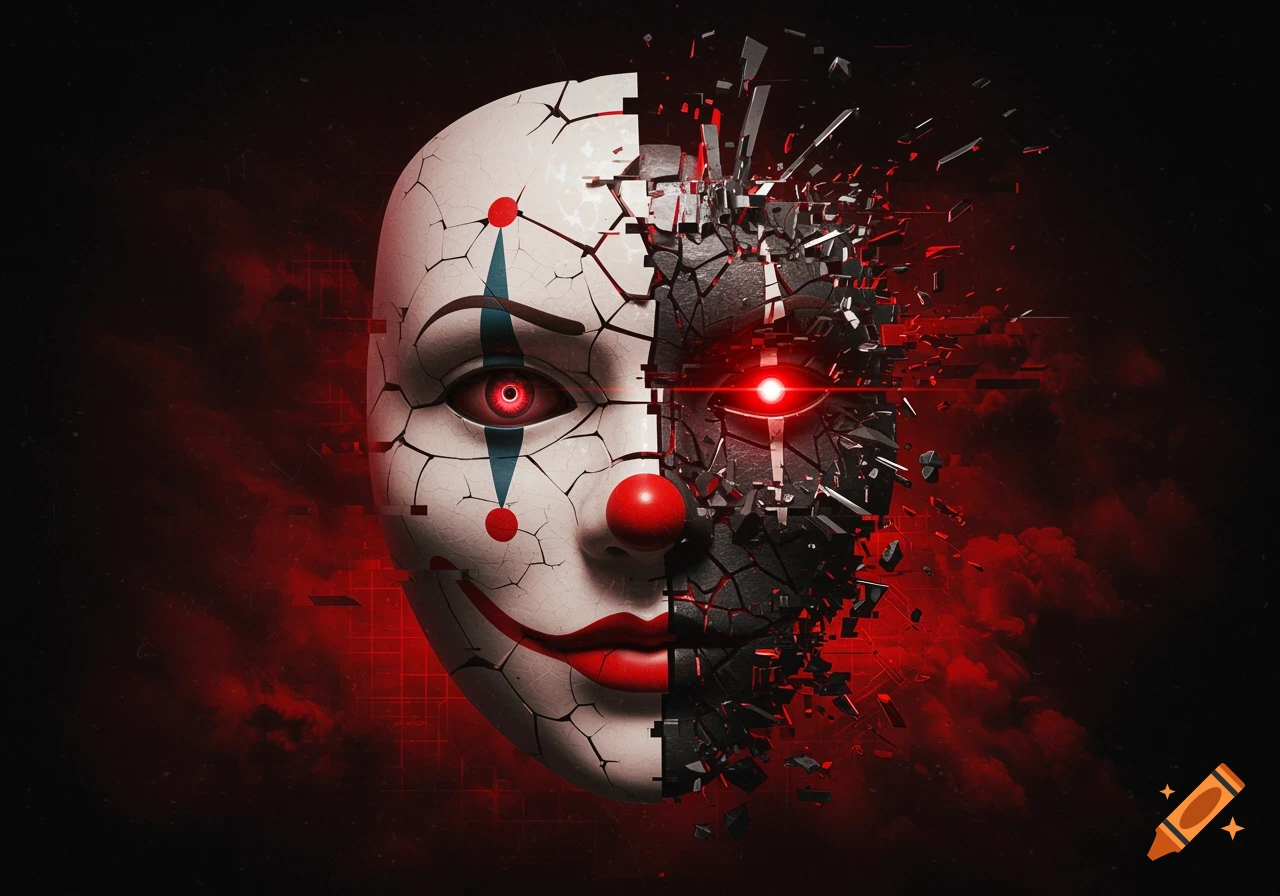 A cracked porcelain clown mask on the left half and a shattered, glitching dark mask with a glowing red eye on the right, against a red and black background.