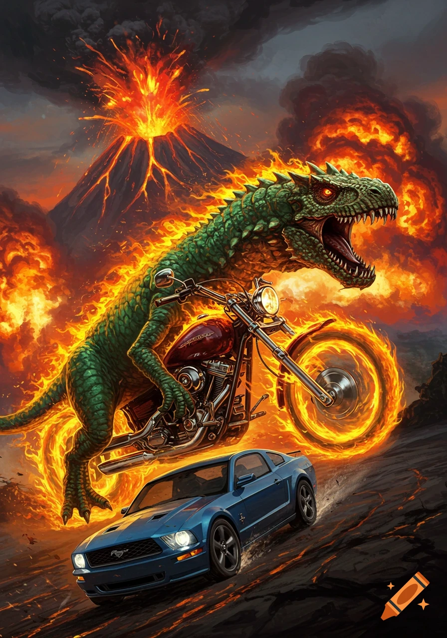 A green dinosaur riding a flaming motorcycle chases a blue car with a volcanic eruption and explosions in the background, in a dynamic digital art style.