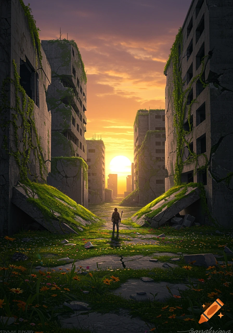 A lone figure stands in the middle of a ruined, overgrown city street at sunset, with buildings on either side.