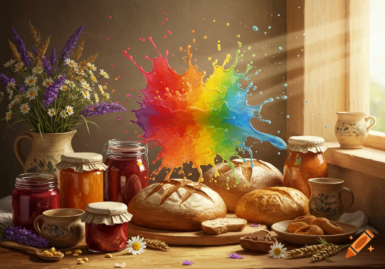 Still life painting of loaves of bread, jars of jam, flowers, and ceramic cups on a wooden table, with a vibrant rainbow paint splash behind them.