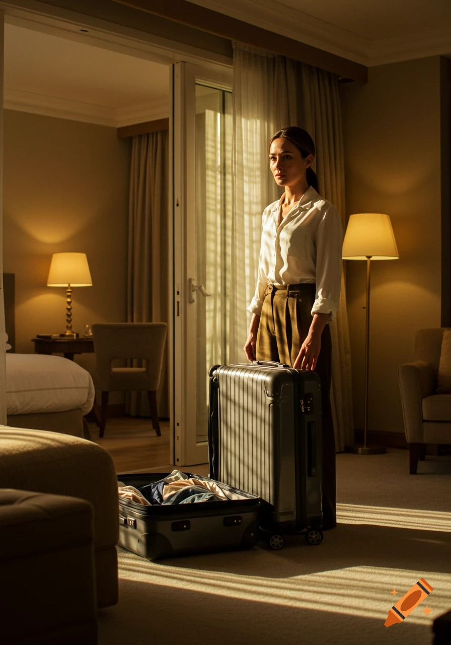 A photorealistic image of a woman packing a suitcase in a sunlit resort bedroom.