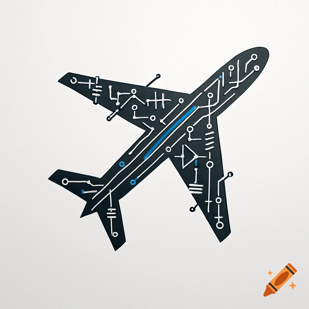 A black airplane silhouette filled with white and blue circuit board lines and symbols on a white background.