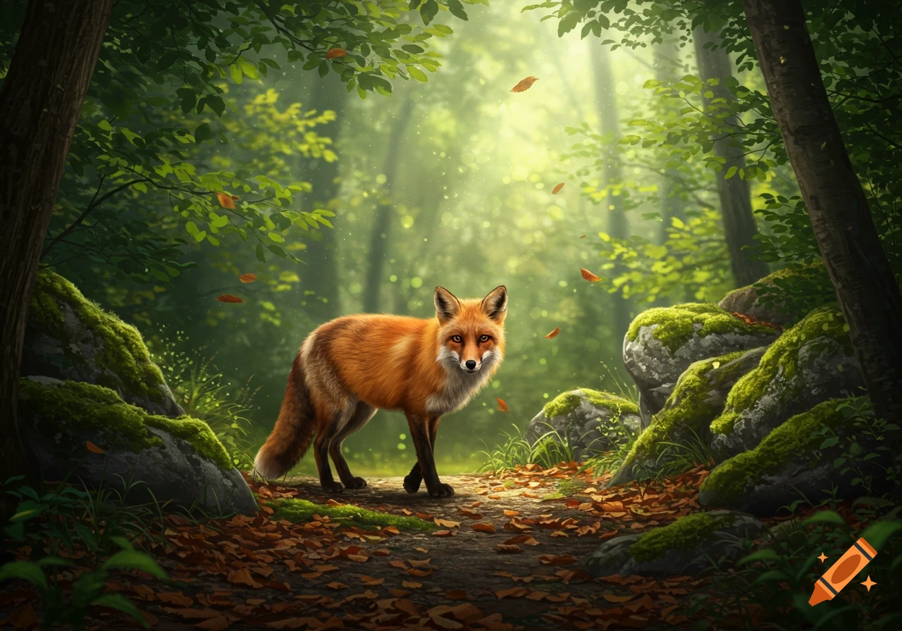 A red fox stands on a leaf-strewn forest path, bathed in dappled sunlight filtering through green trees. Photorealistic style.