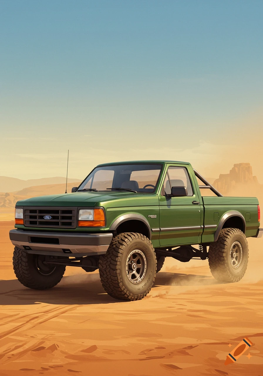 A green 1990s Ford pickup truck with large tires drives through a desert landscape, kicking up dust.