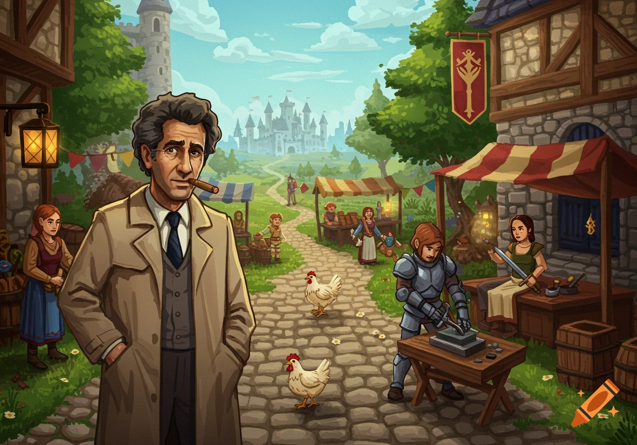 Detective Columbo stands in a bustling medieval village market with a cigar, in a cartoonish style reminiscent of Old School RuneScape.