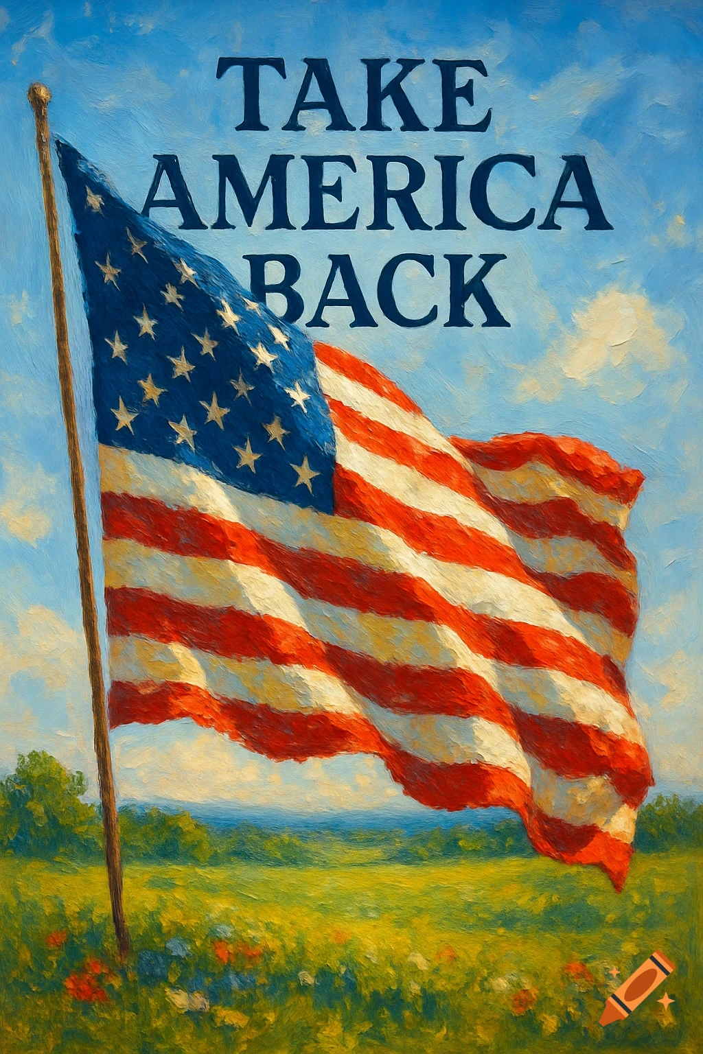 An oil painting of an American flag waving over a green field with the words 'TAKE AMERICA BACK' in the sky.