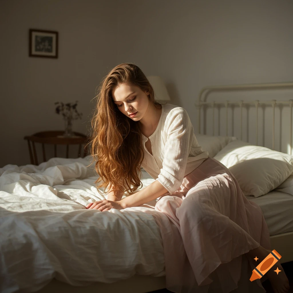A young woman with long, wavy hair sits on a bed in a sunlit room, looking down.
