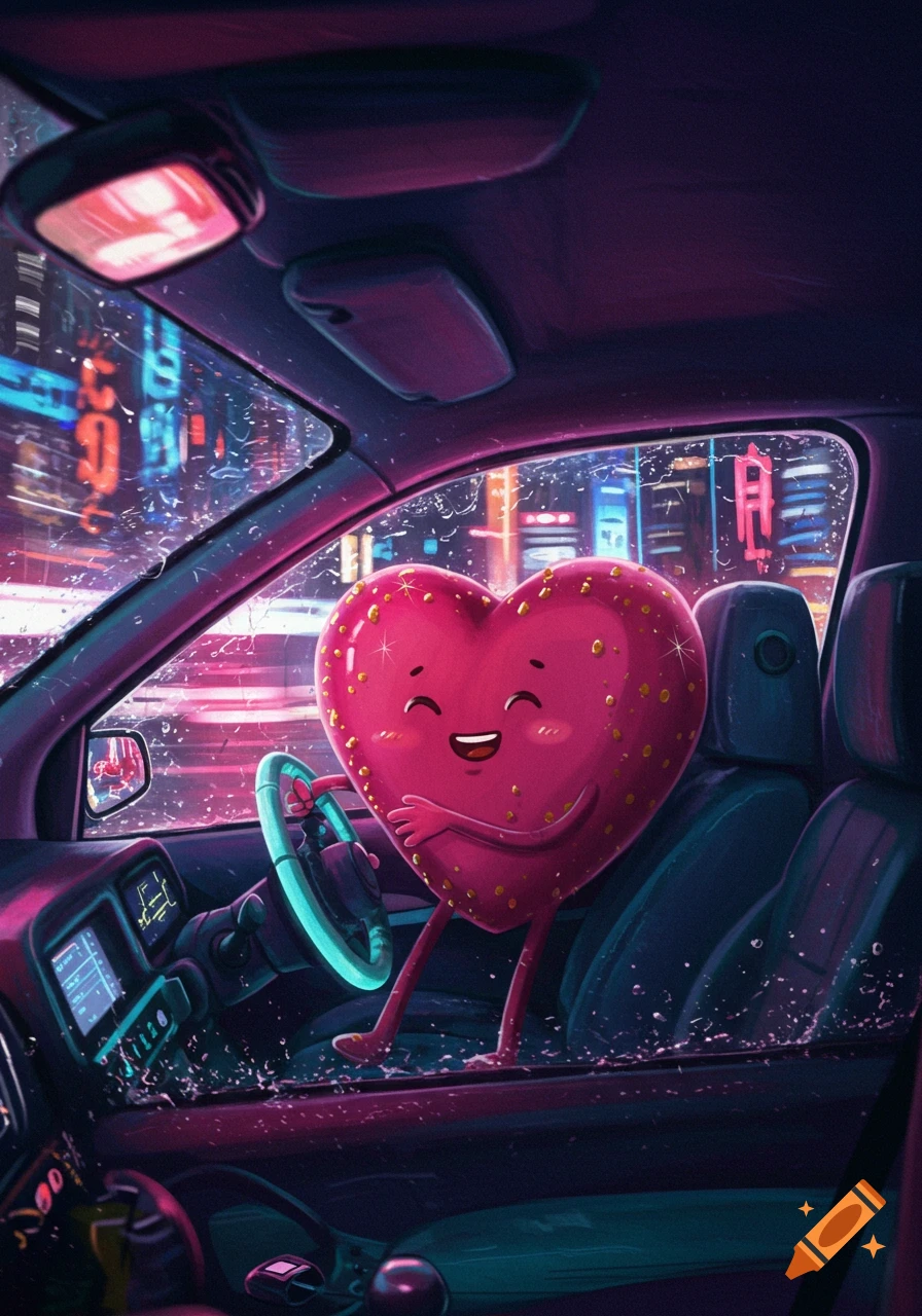 A smiling pink heart character with gold spots drives a car at night through a neon-lit city in a vibrant, stylized illustration.