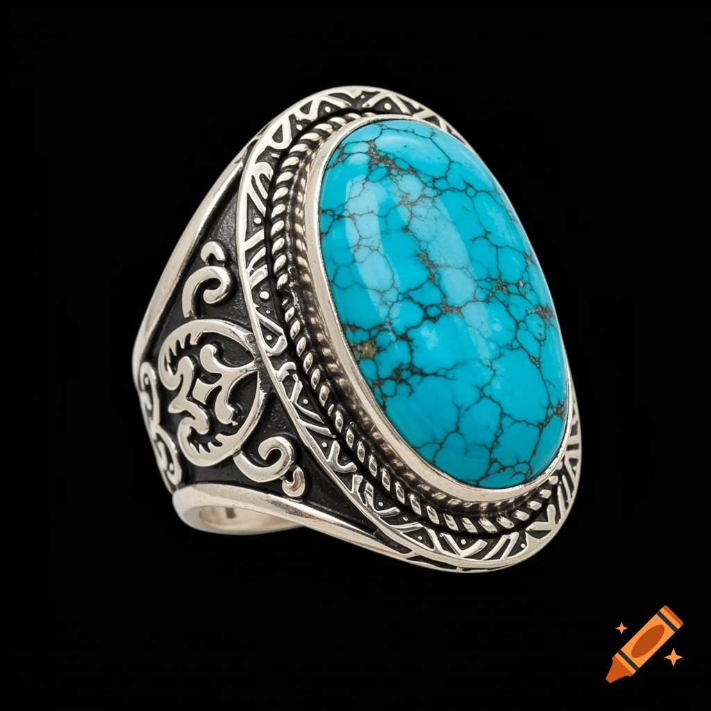 A silver ring with a large oval blue turquoise stone and intricate engravings against a black background.
