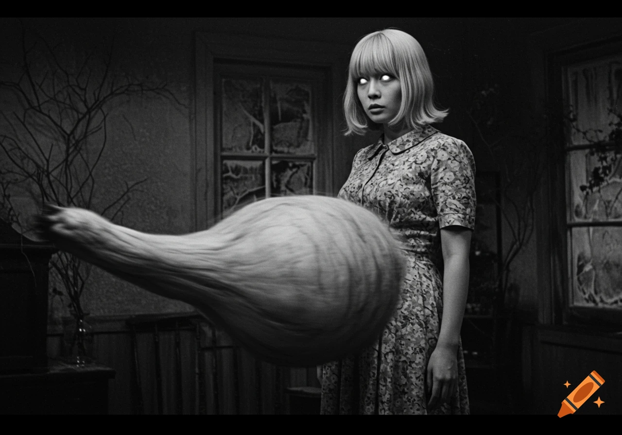 Grainy black and white 1960s horror still of a blonde woman with glowing eyes, next to a large, blurry, gourd-like object.