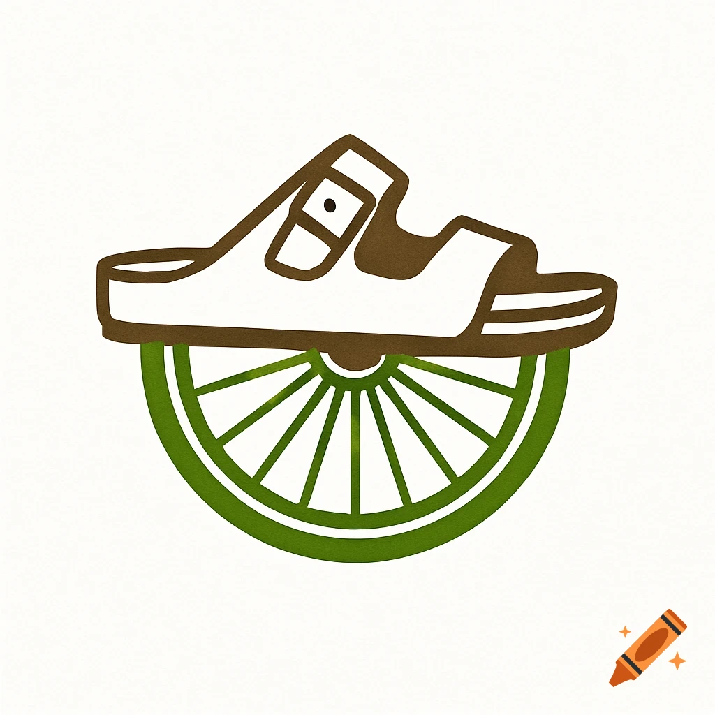 A simplistic logo featuring a brown sandal on top of a green bicycle wheel.