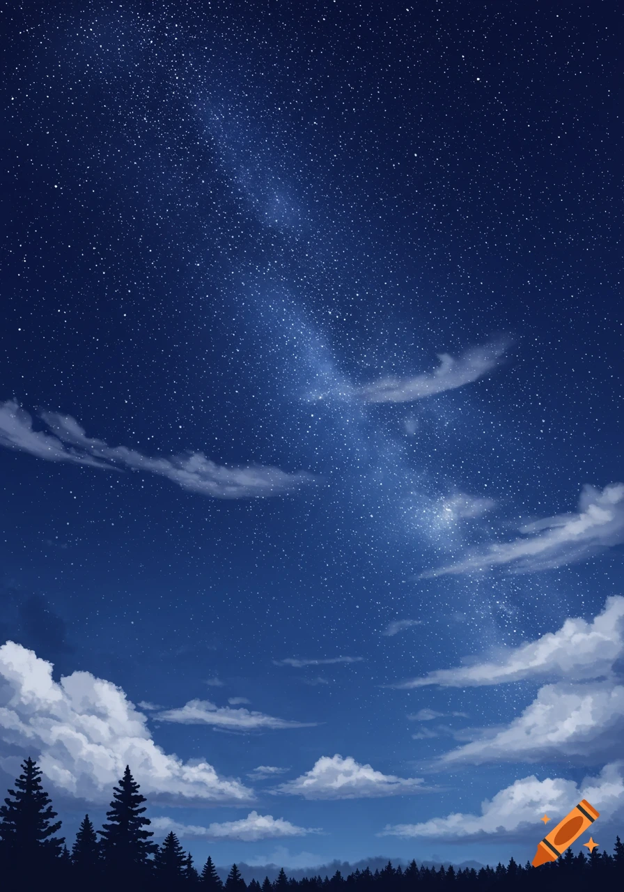 A dark blue night sky filled with a milky way of stars, with white clouds and a silhouetted forest line below.