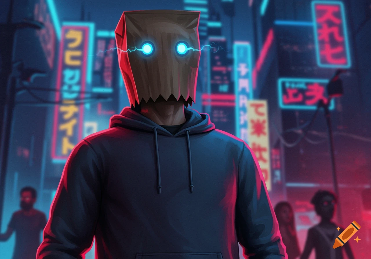 A person wearing a hoodie and a brown paper bag over their head with glowing blue eyes, standing in a neon-lit cyberpunk city at night.