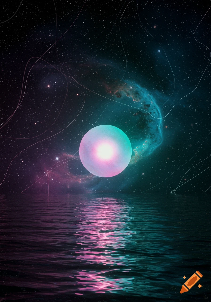 A glowing pink and cyan orb reflects in dark water under a starry, nebula-filled night sky with subtle lines.
