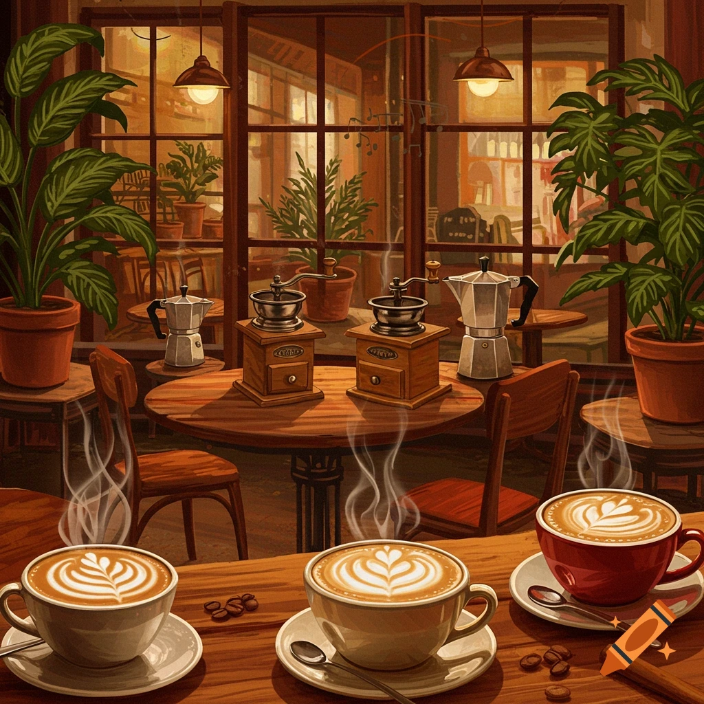 An illustration of a cozy coffee shop with latte art coffees in the foreground and coffee grinders in the background.