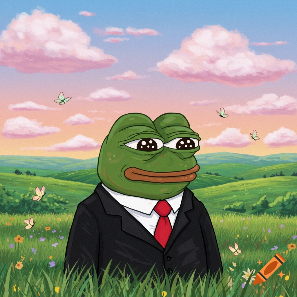 A cartoon frog character, Pepe, wearing a black suit and red tie, stands in a green field with butterflies and pink clouds.