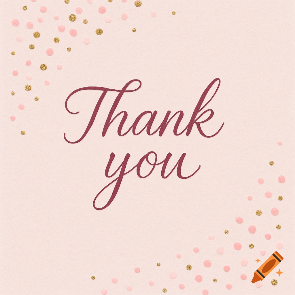 A light pink thank you card with dark pink cursive text and scattered gold and pink confetti.