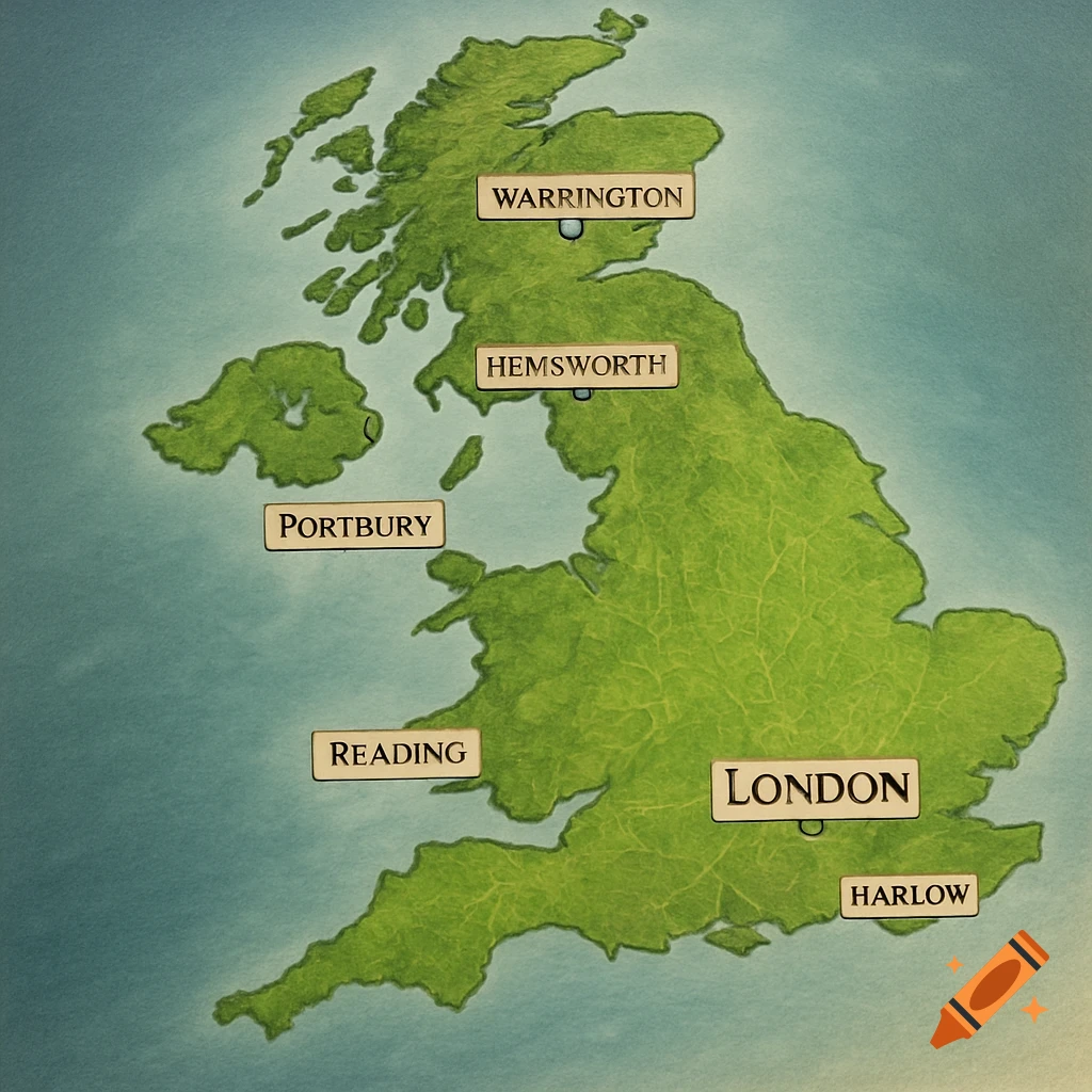 A stylized green map of the United Kingdom with marked cities including London, Reading, and Warrington.