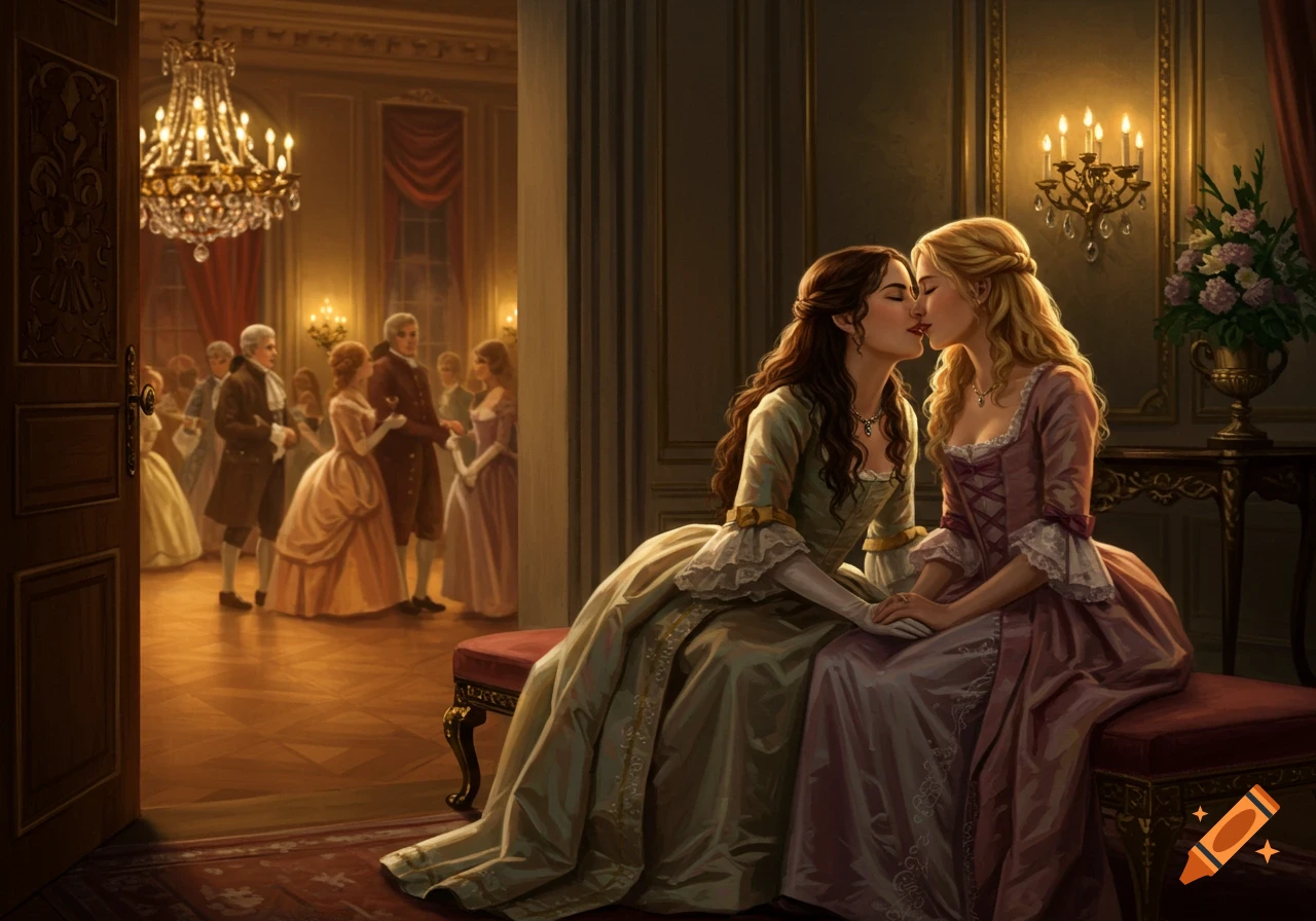 Two women in 18th-century dresses kiss secretly in a hallway, holding hands, with a ball happening in the background.