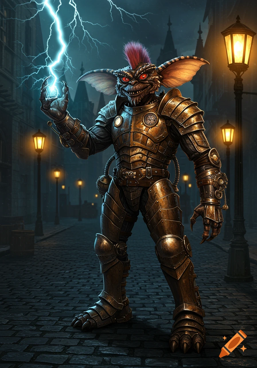 A photorealistic image of a gremlin wearing steampunk power armor, standing on a dark, cobblestone city street and projecting a bolt of lightning from his hand.