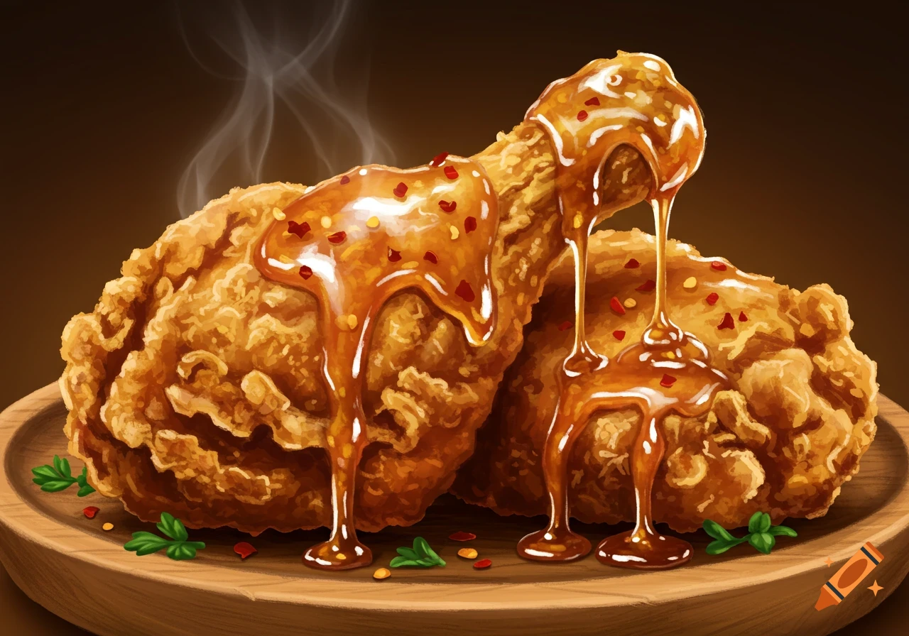 Two pieces of crispy fried chicken drumsticks drizzled with a thick, glossy hot honey sauce and red chili flakes, resting on a wooden plate, with steam rising.