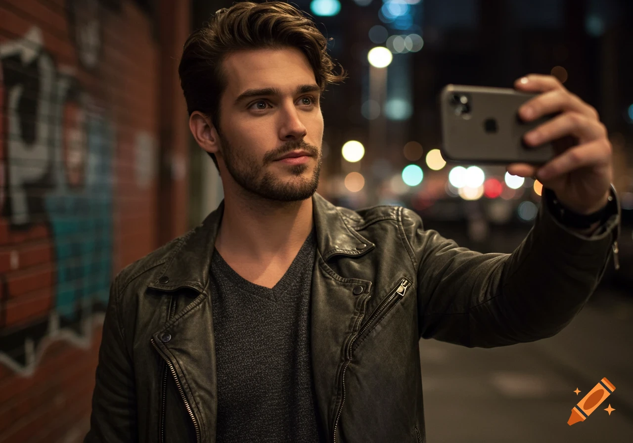 A handsome man in a leather jacket takes a selfie at night, with a blurred brick wall and city lights in the background.