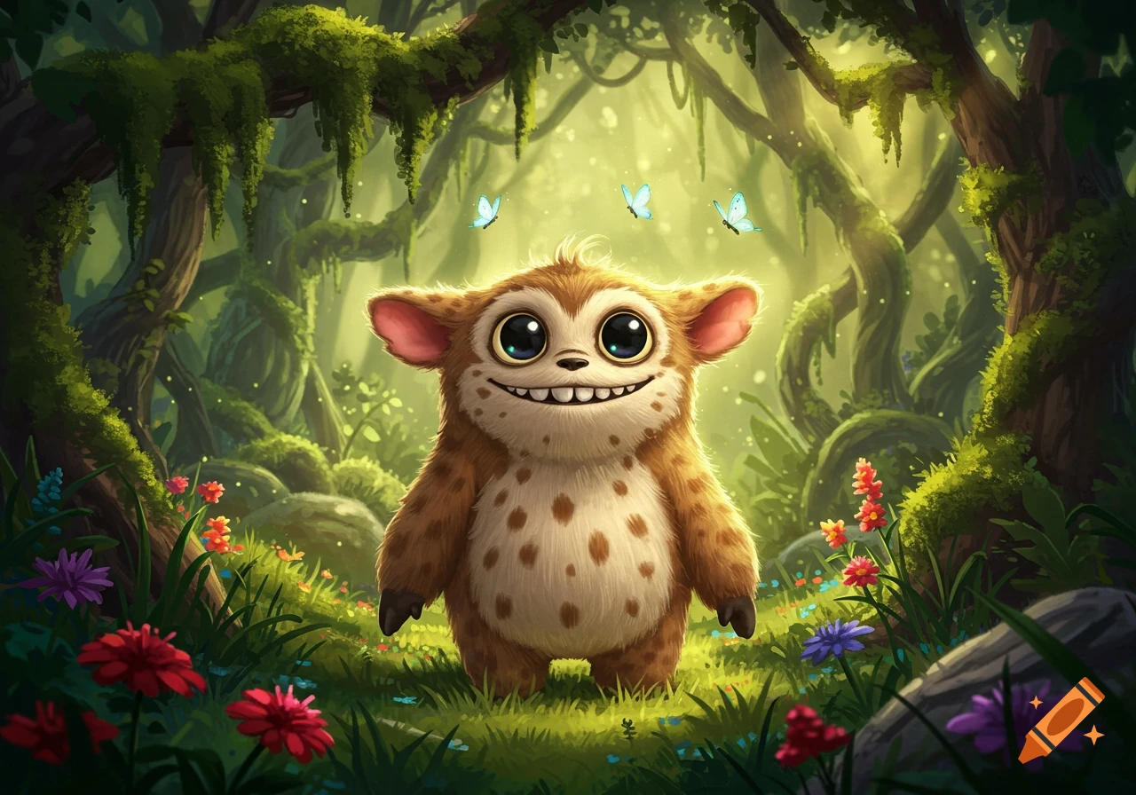 A cute, furry, brown creature with big eyes and a wide smile stands in a magical forest with butterflies and flowers.