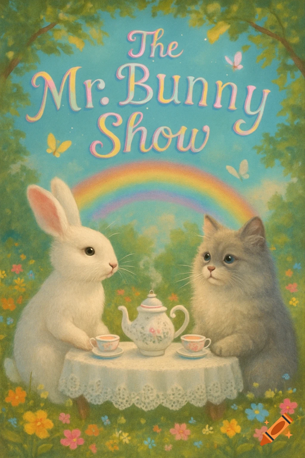 A whimsical illustration of a white bunny and a gray cat having a tea party in a field of flowers under a rainbow, with "The Mr. Bunny Show" at the top.