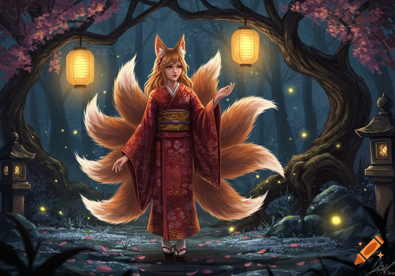 A kitsune girl with nine foxy tails in a red kimono stands in a mystical forest with cherry blossoms and lanterns.