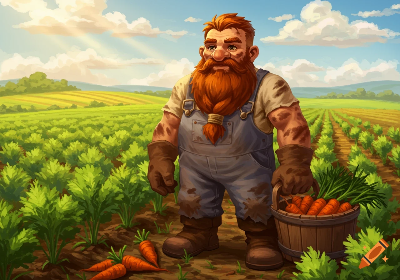 A cartoon dwarf farmer with a red beard stands in a field holding a bucket of freshly harvested carrots.