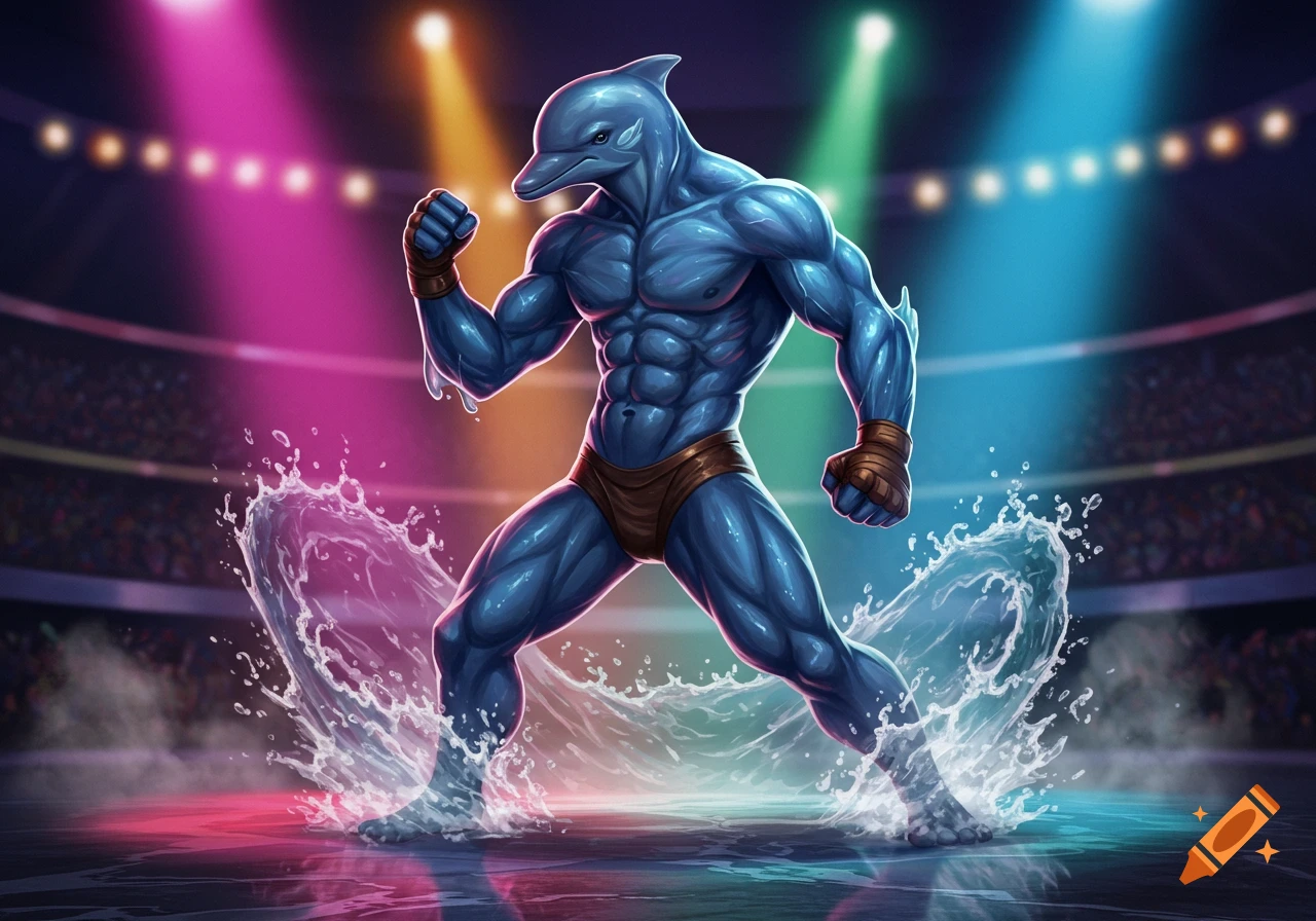 A muscular, anthropomorphic blue dolphin character, resembling Orcane, stands in a brightly lit wrestling arena with water splashing around its feet.