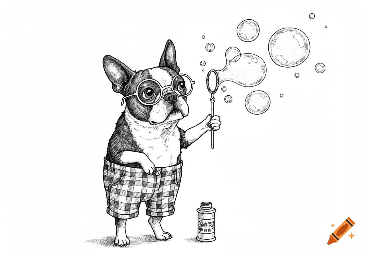 Black and white illustration of a Boston Terrier dog wearing plaid shorts and round glasses, standing on its hind legs and blowing soap bubbles from a bubble wand, with a bottle of bubble solution on the ground.