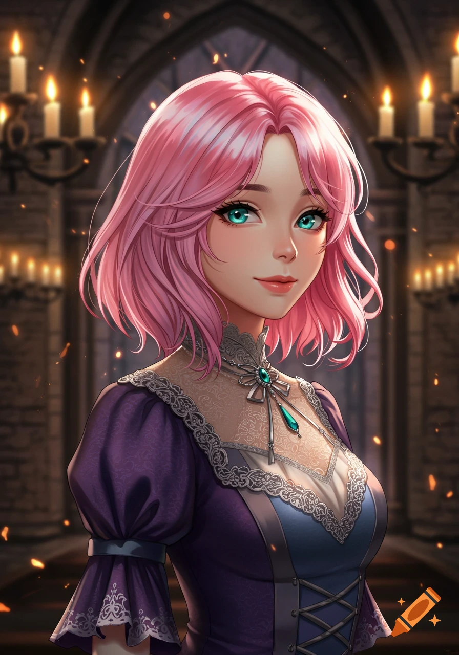 Anime woman with pink hair and teal eyes wearing a purple medieval-style dress in a candlelit castle.