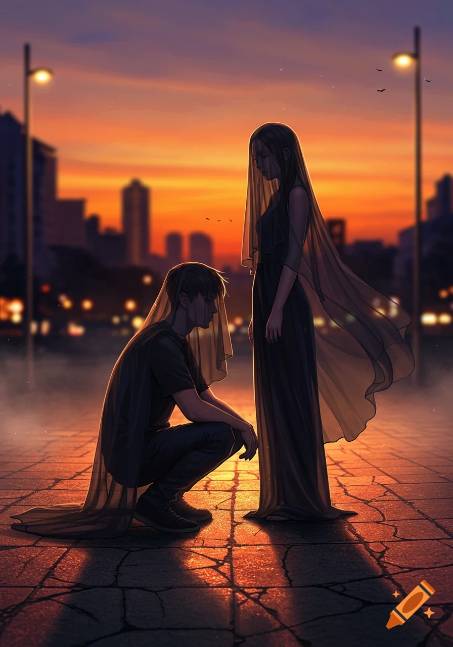 Digital illustration of a man crouching and a woman standing, both veiled, silhouetted against an orange sunset over a city.