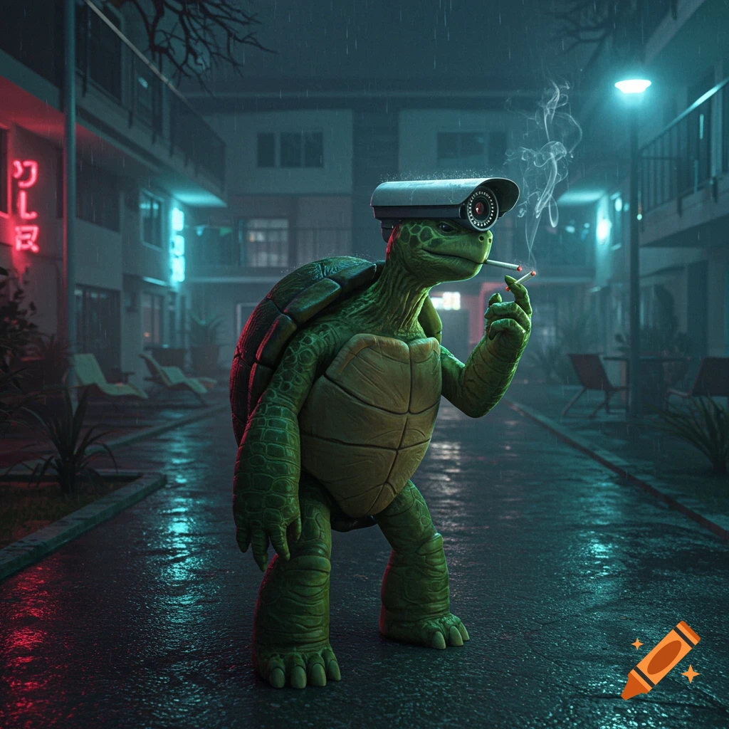 An anthropomorphic turtle with a security camera for a head smokes a cigarette in the rain outside a dimly lit singles complex at night.