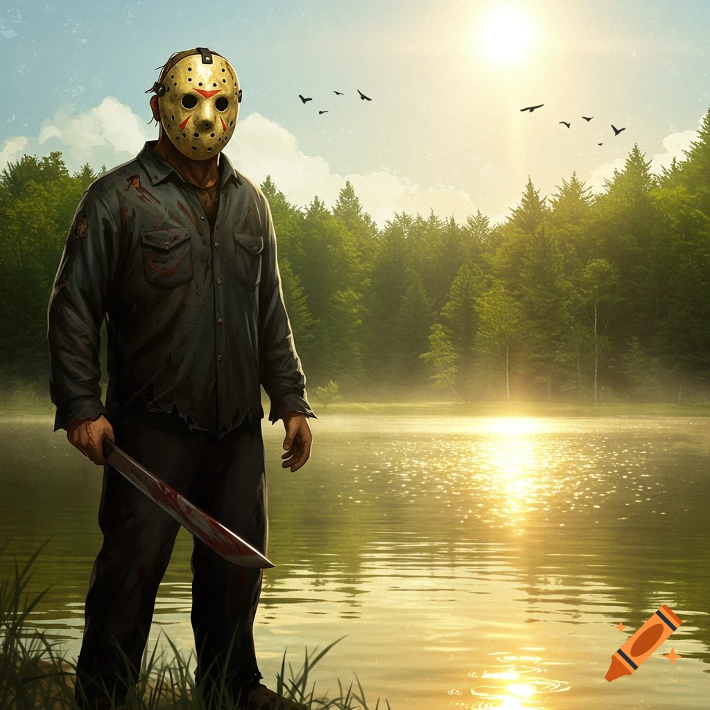 Jason Voorhees wearing a hockey mask and holding a machete, standing by a sunlit lake with a forest in the background under a clear sky.