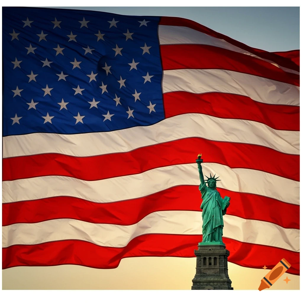 The Statue of Liberty in front of a large, waving American flag at sunset.
