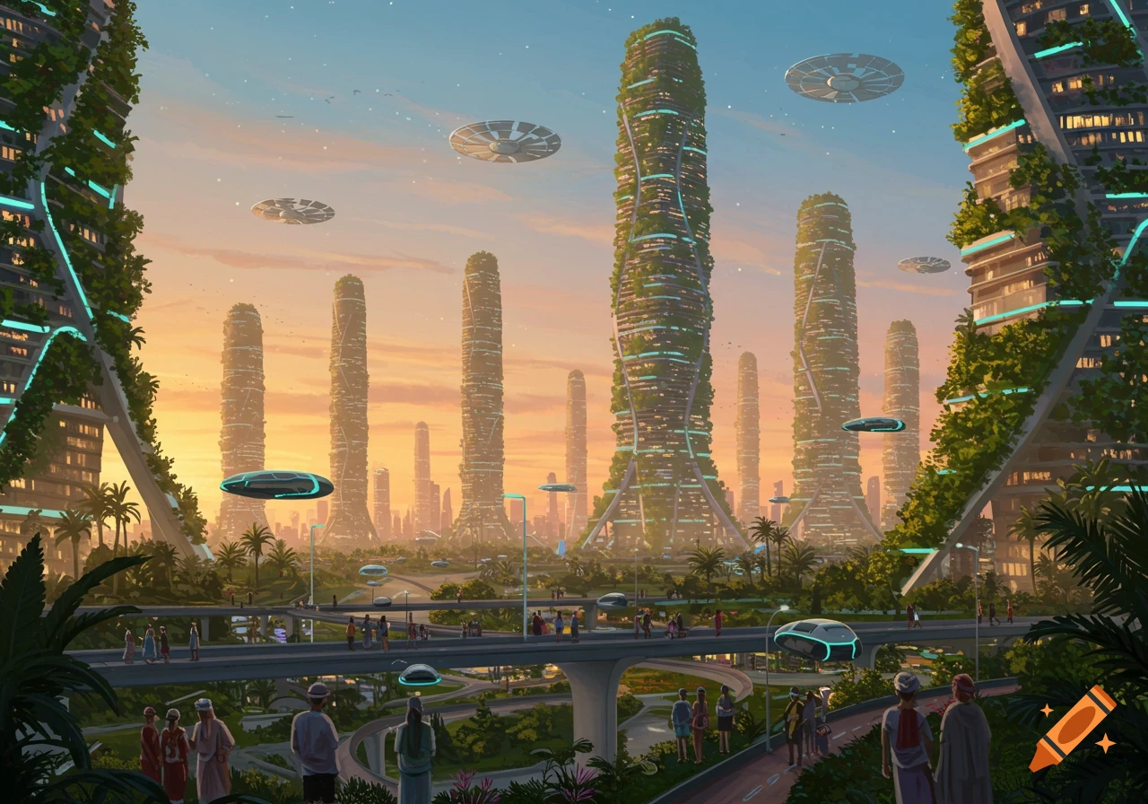 A futuristic green city with tall plant-covered buildings, flying vehicles, and people on walkways at sunset.