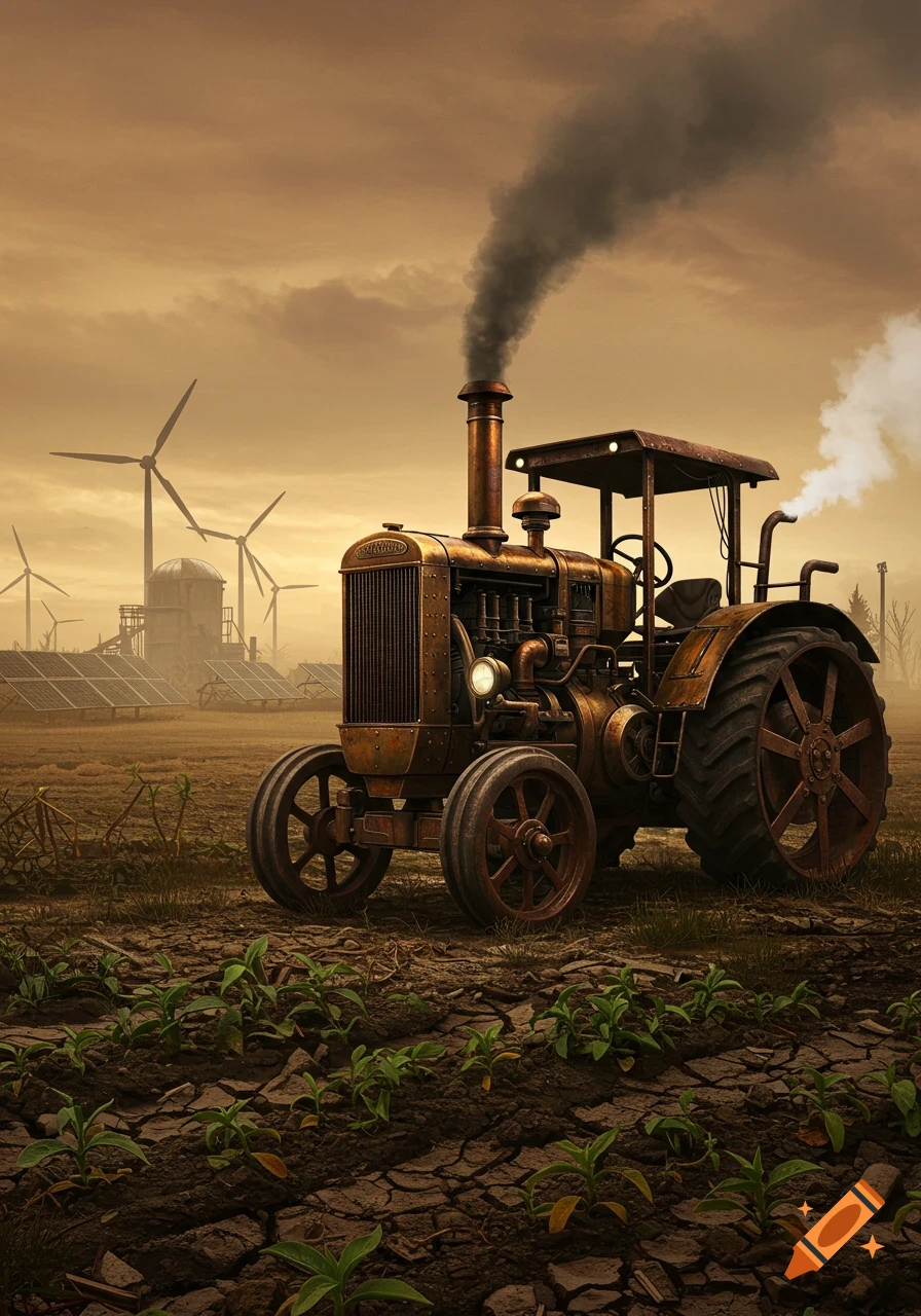 A large, rusty steampunk tractor with a smoking chimney in a dry, cracked field. Wind turbines and solar panels are in the hazy, orange background, suggesting a post-apocalyptic setting.