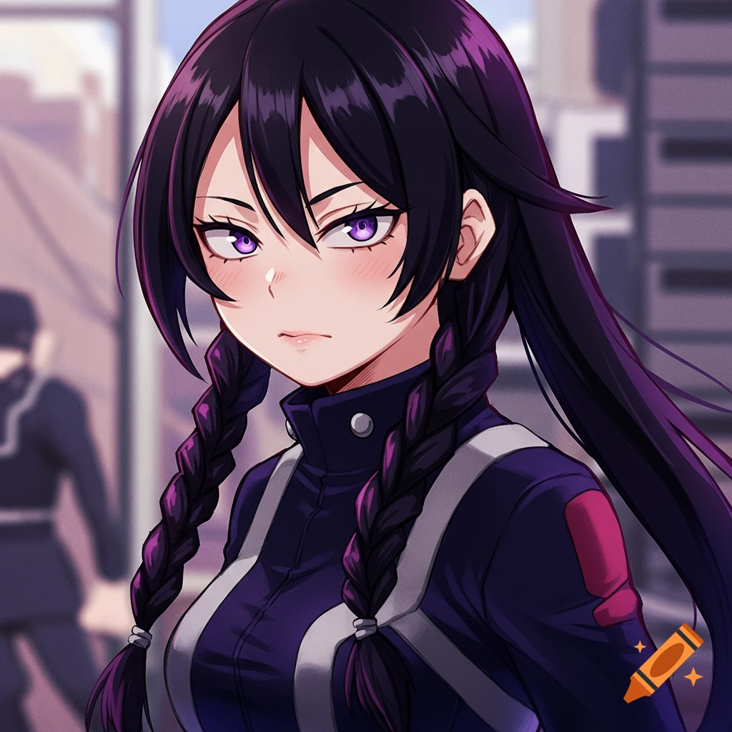 An anime character with long dark hair with purple streaks, purple eyes, and a dark uniform, set against a city background.
