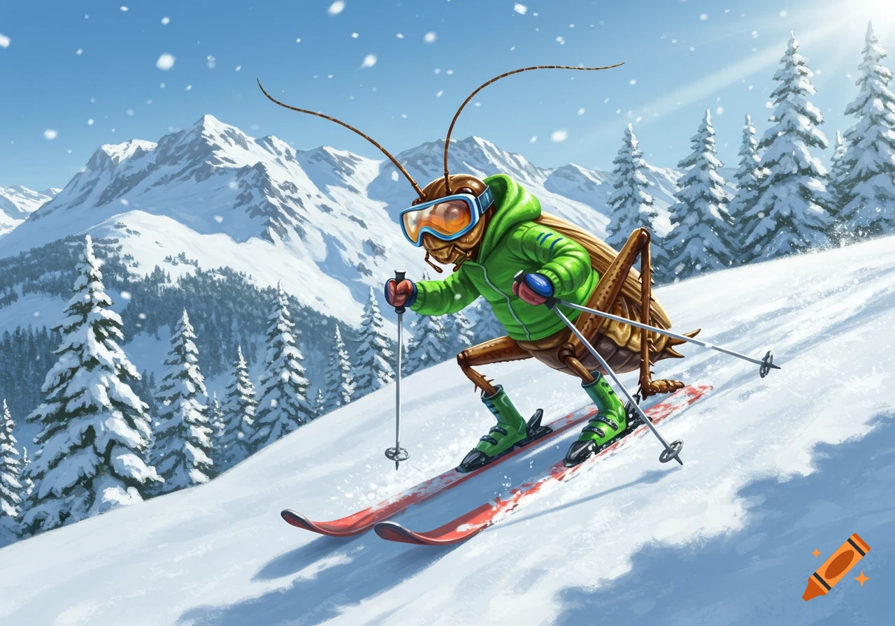 A cartoon-style cricket wearing green ski gear and goggles skis down a snowy mountain with pine trees and more mountains in the background.