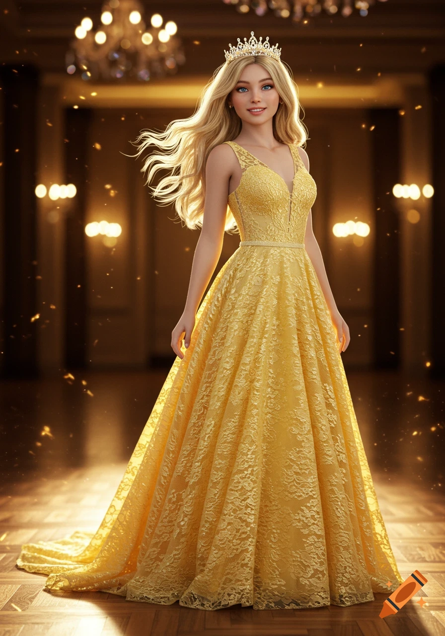 A realistic blonde girl with blue eyes, wearing a yellow lace prom dress and a crown, stands in an elegant hall with sparkling lights.