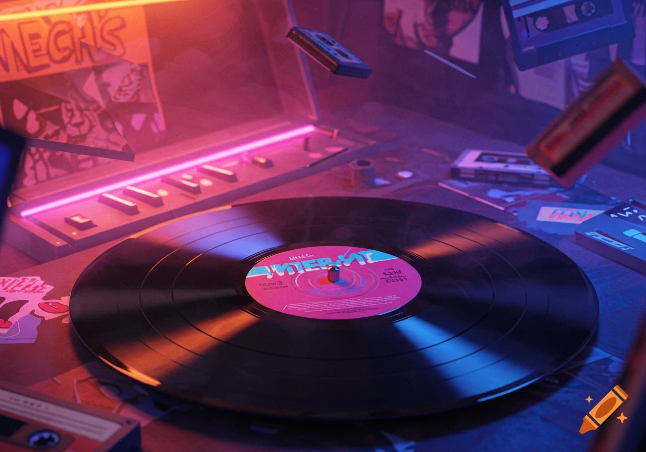 A vibrant 1980s-inspired still life featuring a vinyl record with a pink label, surrounded by glowing neon lights and floating cassette tapes.