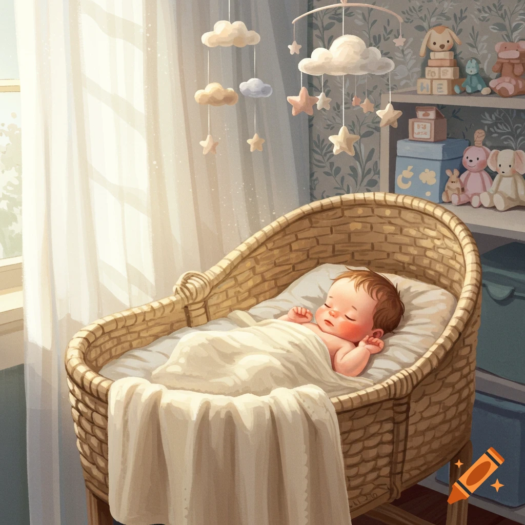 A cute baby sleeps peacefully in a wicker bassinet in a sunlit nursery room with a hanging mobile and shelves of toys.