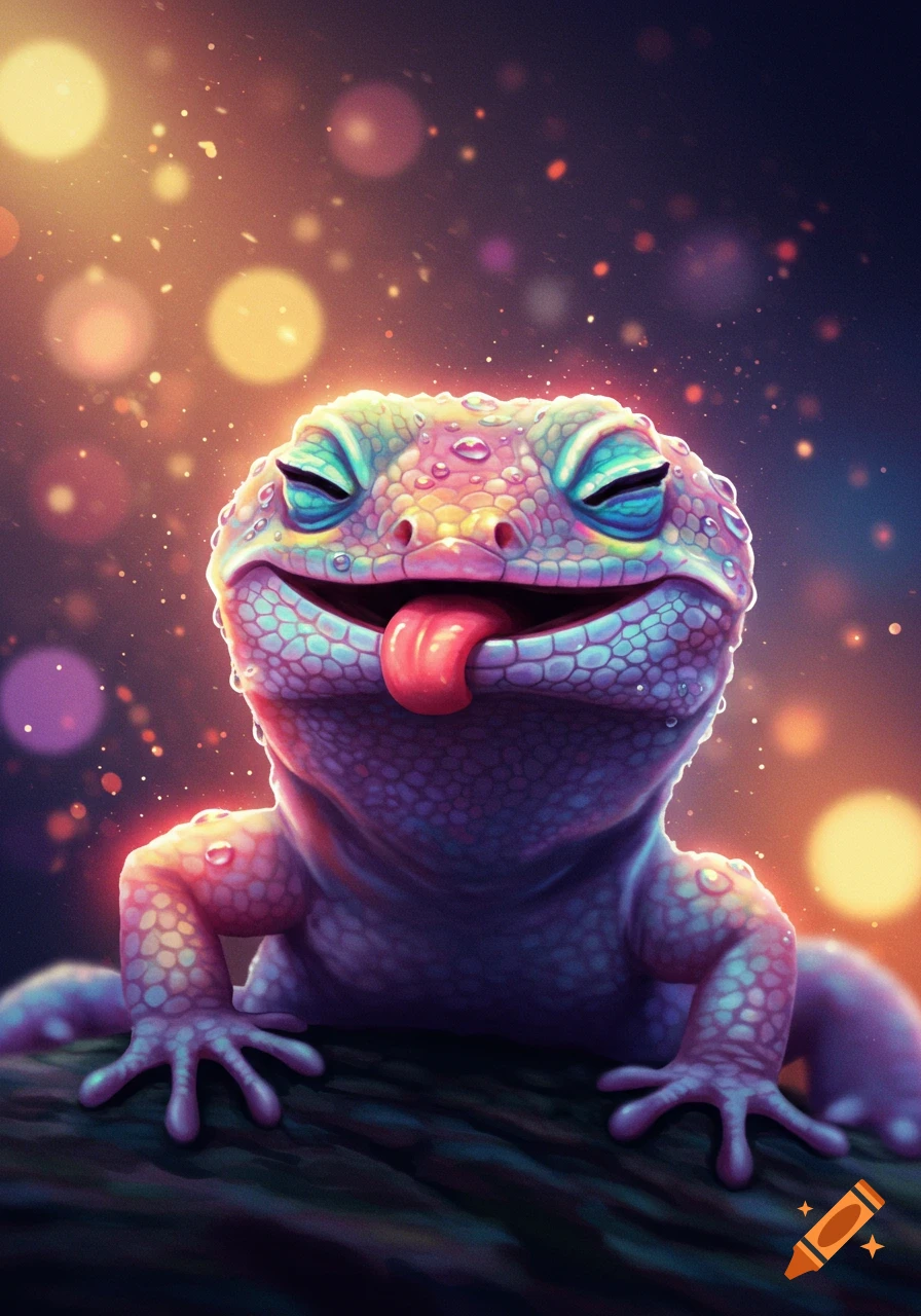 A happy, wet, colorful stylized lizard with its tongue out and eyes closed in a smile, against a soft bokeh background.