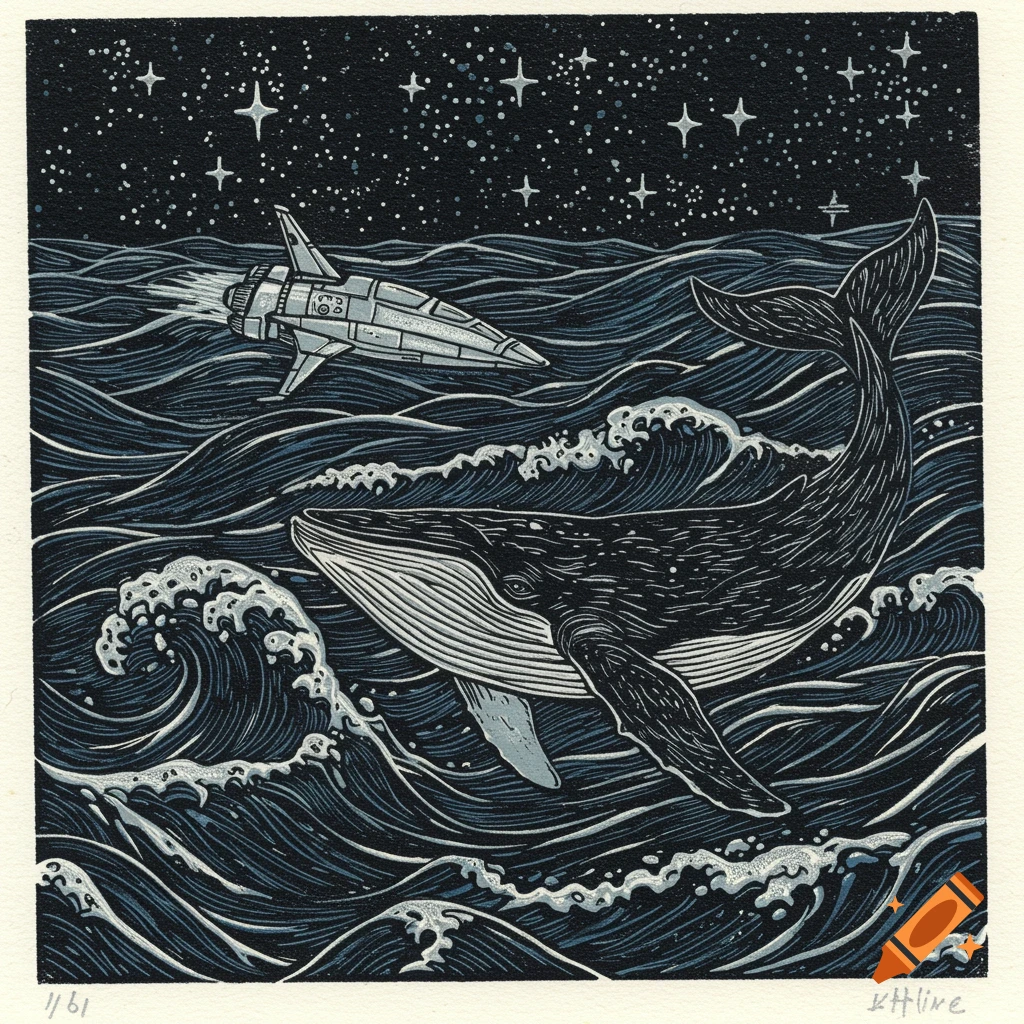 A linocut print depicting a whale swimming in a wavy ocean, with a small spaceship flying above it under a starry night sky.