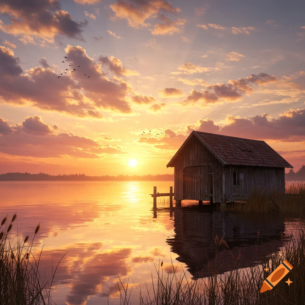 A serene photorealistic scene of a wooden boathouse on a calm lake at sunset, with golden and orange clouds reflected in the water.
