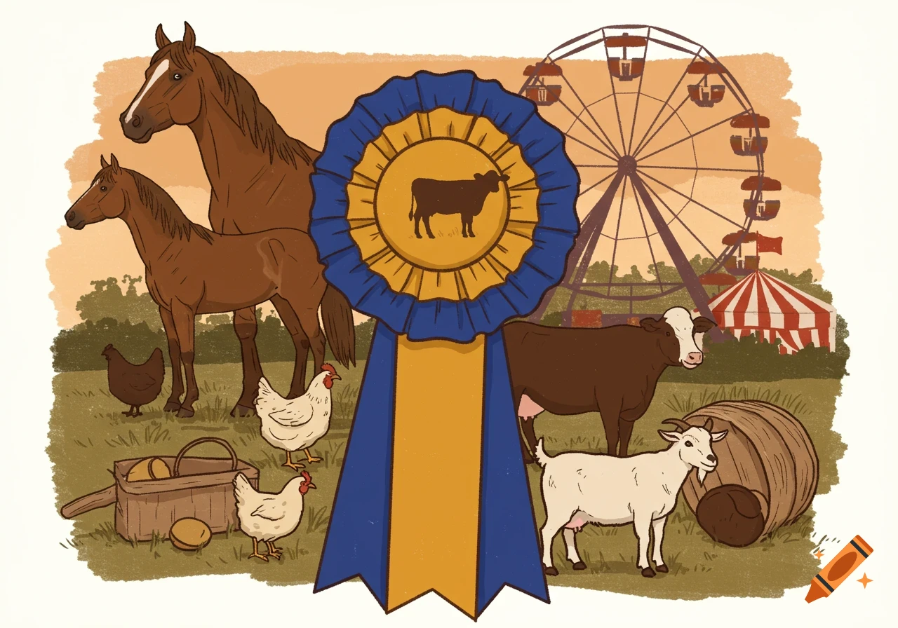 Illustration of a county fair with a blue and gold ribbon, horses, cow, goat, chickens, a ferris wheel, and a tent.