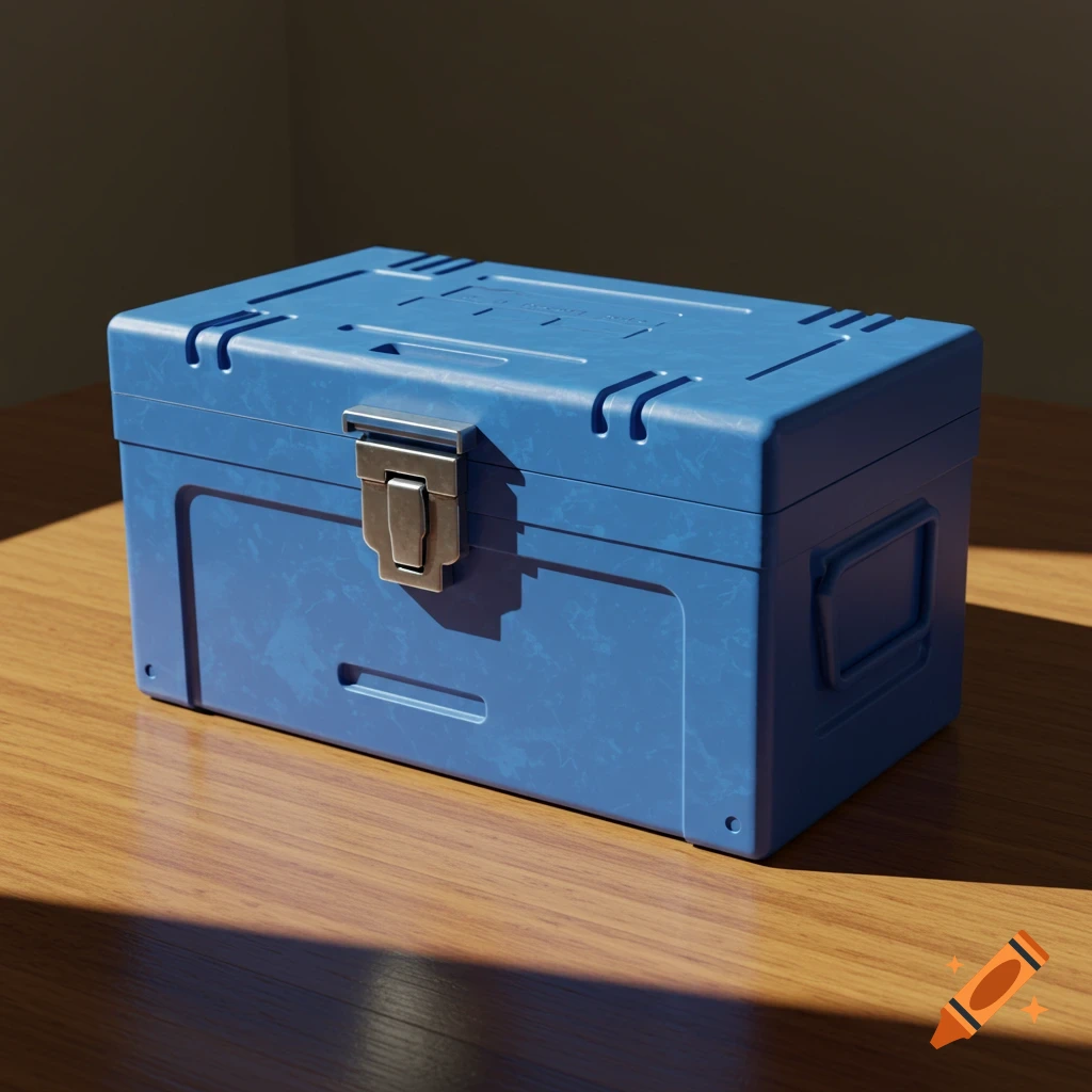Blue ammo box with a metal clasp sitting on a wooden table, lit by sunlight.