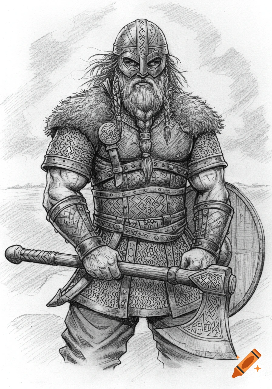 Pencil sketch of a bearded Viking warrior in armor, holding a large axe and shield.